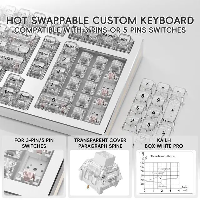Alt view image 3 of 5 - kutethy KY98 Wireless Mechanical Keyboard with Transparent Keycaps,Full Aluminum CNC,Hot-swappable,Pre-lubed Clicky Switches,Gasket Structure,RGB Backlit,BT5.0/2.4G/USB-C Wired (Silver)