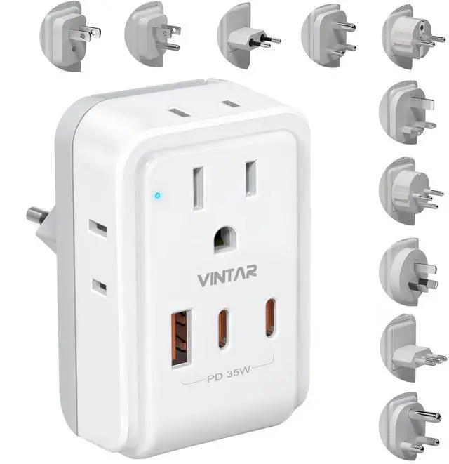 Main image of Universal Travel Adapter Kit, VINTAR PD 35W International Power Adapter with 4 AC and 3 USB Ports(2 USB-C), Type A,B,C,D,E/F,G,H,I,L,M Detachable Attachments, Travel Adapter Worldwide for EU/UK/Africa