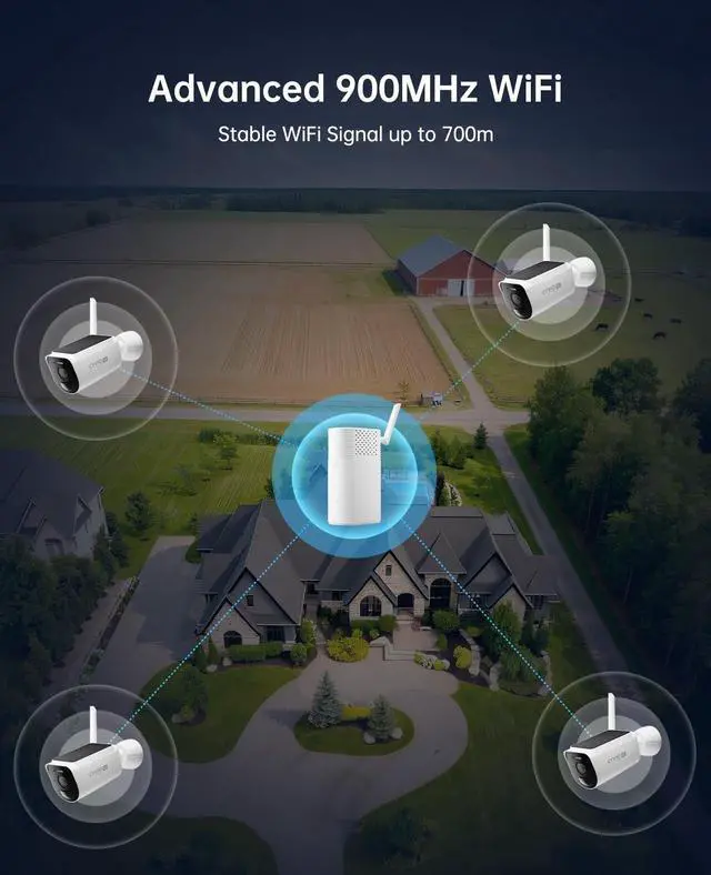 Alt view image 2 of 5 - CYVIO 4K Solar Security Camera System Wireless Outdoor, 4-Cam Kit with Battery & Solar Power, CYVIO Long Range WiFi (Up to 700m), Color Night Vision, PIR Detection, No Subscription