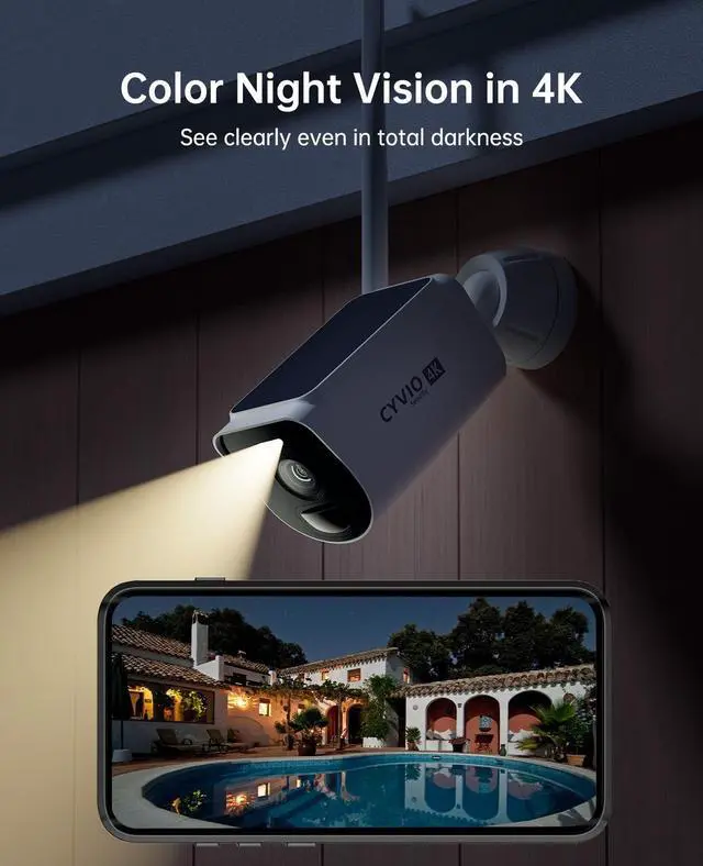 Alt view image 5 of 5 - CYVIO 4K Solar Security Camera System Wireless Outdoor, 4-Cam Kit with Battery & Solar Power, CYVIO Long Range WiFi (Up to 700m), Color Night Vision, PIR Detection, No Subscription