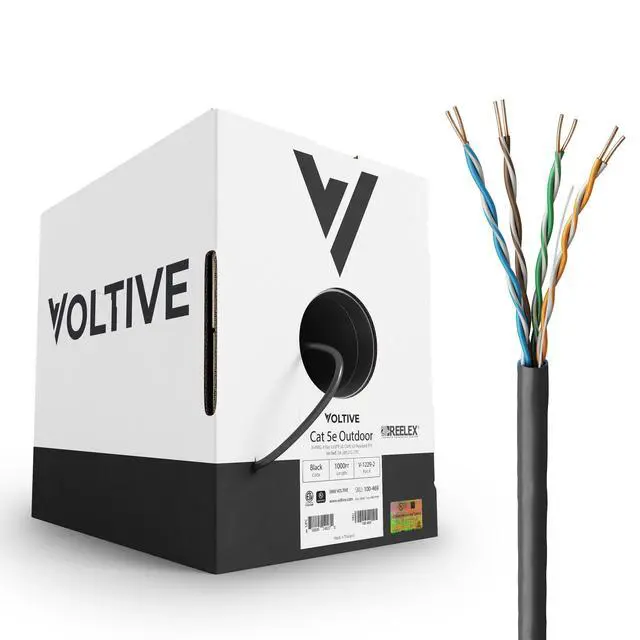 Main image of Voltive Cat5e Ethernet Cable, Outdoor (CMX), UV Resistant, Black, 1000ft - 24AWG 4 Pair Solid Bare Copper, UTP, 350MHz, UL Certified & ETL Verified - V-1229-2