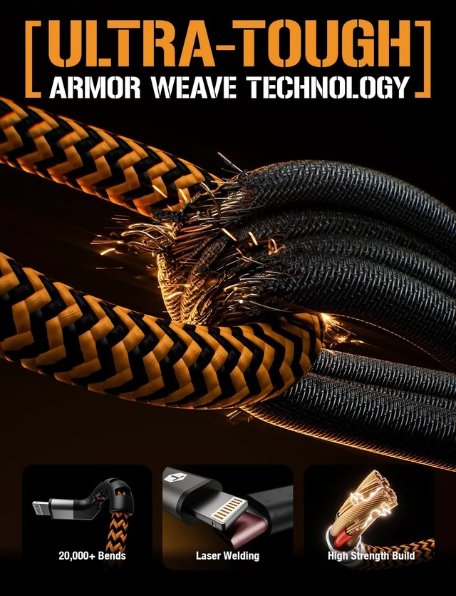 Alt view image 2 of 5 - ToughTested 6ft Right Angle Lightning Cable, 60W Fast Charging Braided
