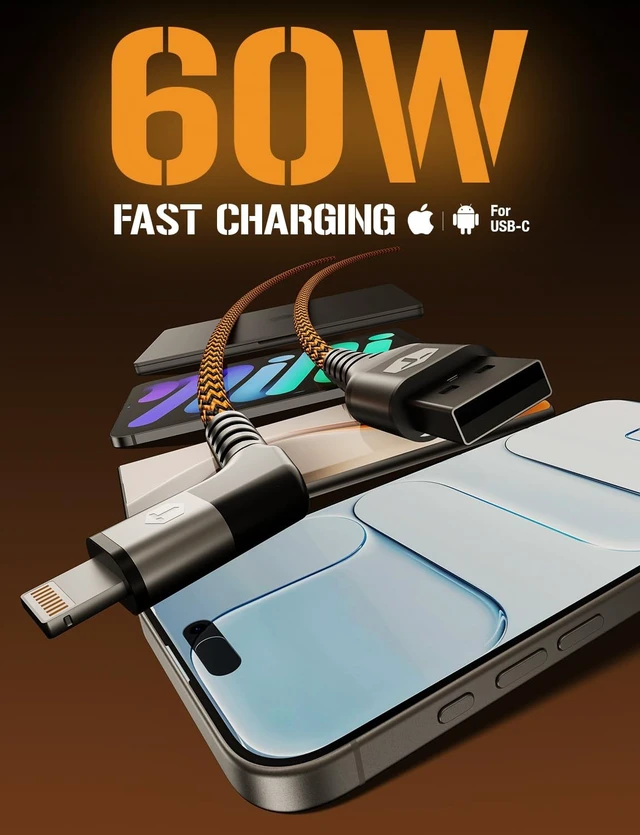 Alt view image 3 of 5 - ToughTested 6ft Right Angle Lightning Cable, 60W Fast Charging Braided