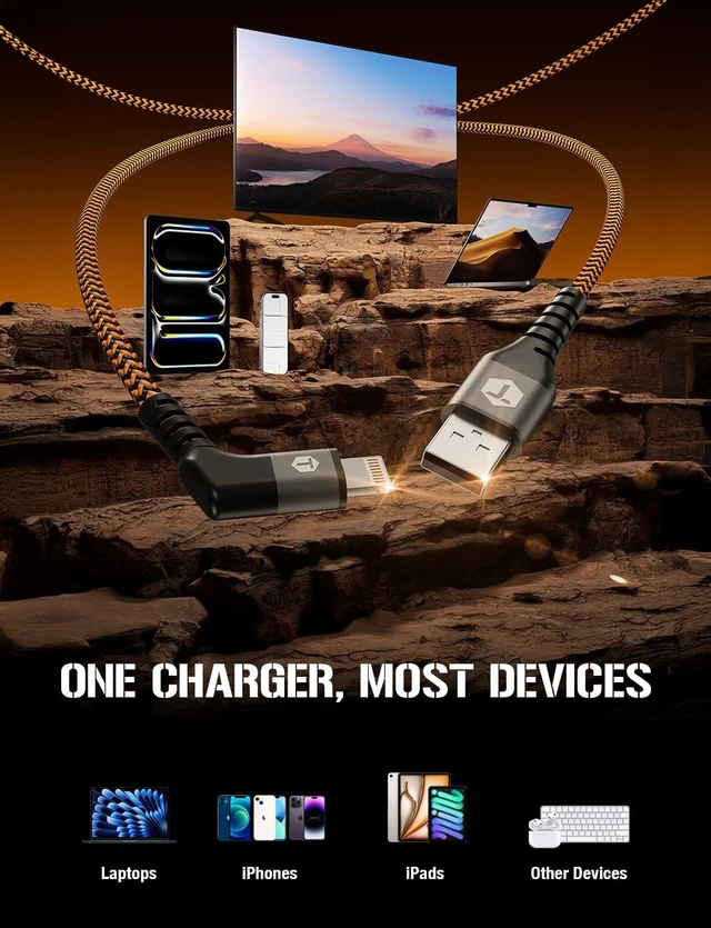 Alt view image 4 of 5 - ToughTested 6ft Right Angle Lightning Cable, 60W Fast Charging Braided