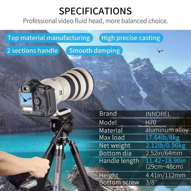 Alt view image 2 of 5 - Video Tripod Head Heavy Duty Camera Fluid Drag Pan Head INNOREL H70 with 1/4 and 3/8 inches Screws Sliding Plate Aluminum Alloy for DSLR Camera Video Camcorders Shooting Filming, Max Load 17 lbs/8 kg