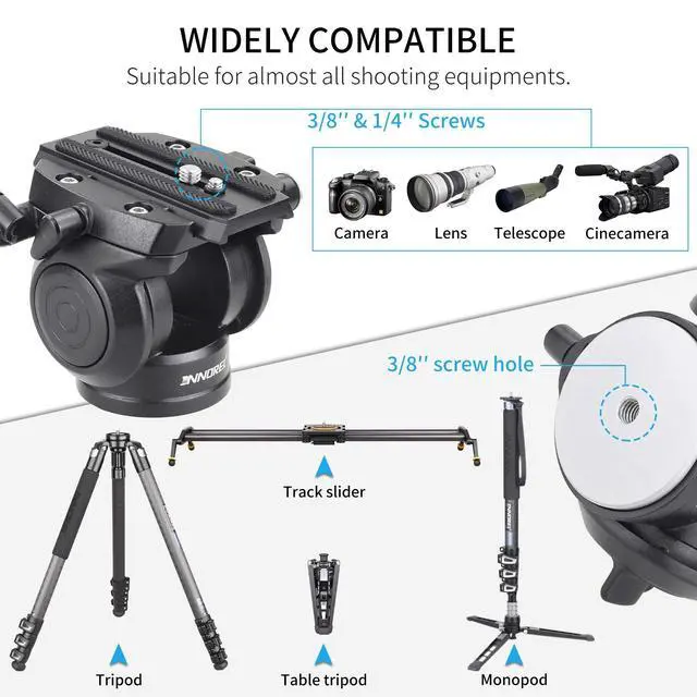 Alt view image 4 of 5 - Video Tripod Head Heavy Duty Camera Fluid Drag Pan Head INNOREL H70 with 1/4 and 3/8 inches Screws Sliding Plate Aluminum Alloy for DSLR Camera Video Camcorders Shooting Filming, Max Load 17 lbs/8 kg
