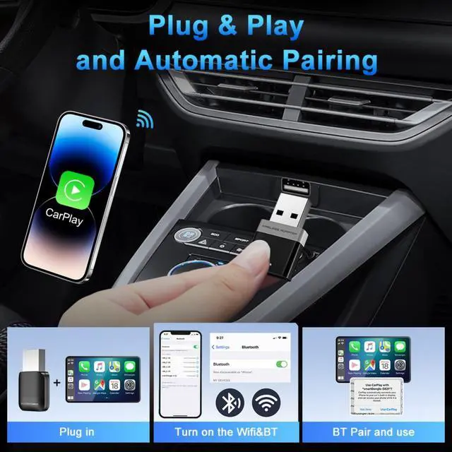 Alt view image 2 of 5 - Wireless CarPlay Adapter 2025 Upgrade Wired CarPlay to Wireless, Mini USB Design for Cars with Built-in Wired Apple CarPlay Plug and Play Easy Use Fast Stable Connection Car Play for iPh