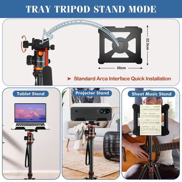 Alt view image 5 of 5 - Nietoto Camera Tripods & Projector Stand, 2 in1 Tripod for Camera with Removable Metal Tray, Heavy Duty Tripod for DSLR. Projector. Sheet Music and Tablet, Extra Metal Spikes and Carry Bag