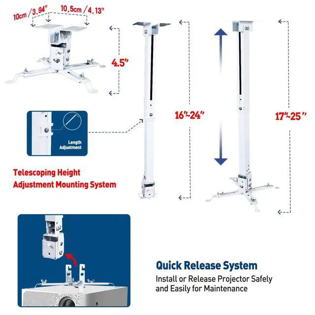 Alt view image 3 of 5 - Homcine Projector Ceiling/Wall Mount White, Low Profile Universal Projector Holder/Bracket/Hanger Kit with Extendable Arm, Adjustable Height Pole Drop Ceiling Quick Release for Epson Optoma Benq