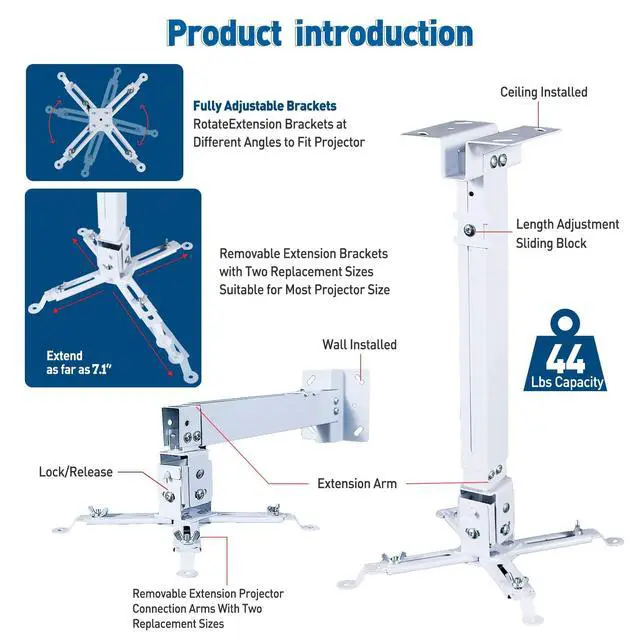 Alt view image 5 of 5 - Homcine Projector Ceiling/Wall Mount White, Low Profile Universal Projector Holder/Bracket/Hanger Kit with Extendable Arm, Adjustable Height Pole Drop Ceiling Quick Release for Epson Optoma Benq