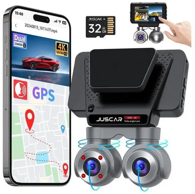 Main image of Juscar Dual Dash Cam with WiFi & GPS, 4K+1080P Front and Inside, Dual 360 Rotatable Front Cams Dash Camera, Voice Control, 32GB Card Included, 3" Touch Screen, Support 512GB Max