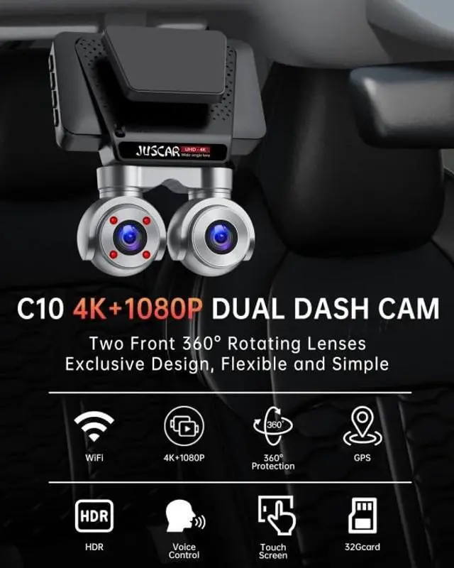 Alt view image 2 of 5 - Juscar Dual Dash Cam with WiFi & GPS, 4K+1080P Front and Inside, Dual 360 Rotatable Front Cams Dash Camera, Voice Control, 32GB Card Included, 3" Touch Screen, Support 512GB Max