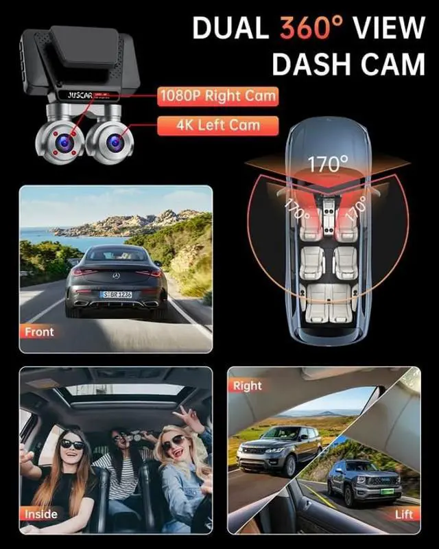Alt view image 3 of 5 - Juscar Dual Dash Cam with WiFi & GPS, 4K+1080P Front and Inside, Dual 360 Rotatable Front Cams Dash Camera, Voice Control, 32GB Card Included, 3" Touch Screen, Support 512GB Max
