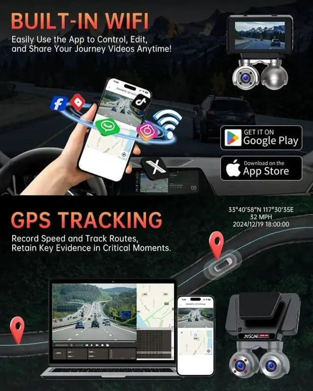 Alt view image 4 of 5 - Juscar Dual Dash Cam with WiFi & GPS, 4K+1080P Front and Inside, Dual 360 Rotatable Front Cams Dash Camera, Voice Control, 32GB Card Included, 3" Touch Screen, Support 512GB Max