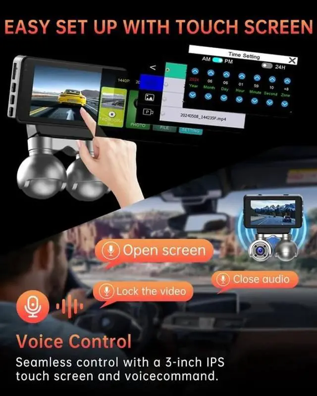 Alt view image 5 of 5 - Juscar Dual Dash Cam with WiFi & GPS, 4K+1080P Front and Inside, Dual 360 Rotatable Front Cams Dash Camera, Voice Control, 32GB Card Included, 3" Touch Screen, Support 512GB Max
