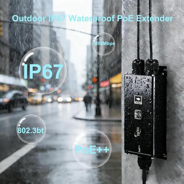 Alt view image 3 of 5 - IP67 Gigabit Outdoor PoE++ Waterproof Extender 1 in 2 Out 90W Input IEEE802.3af/at/bt 400m 48-57V, 3 Cascade Connection Surveillance Networks