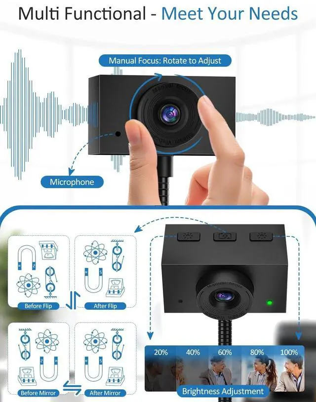 Alt view image 2 of 5 - Webcam for PC, 2K Streaming Camera, Web Camera for Desktop/Laptop Computer Webcam with Microphone, Plug and Play USB Web Cam with Bracket, Manual Focus, for Live Streaming, Video Calls (Black, 2K)