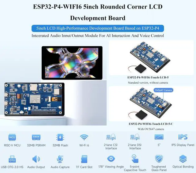 Alt view image 2 of 5 - ESP32-P4 5inch Touch LCD Dev Board, Based on ESP32-P4 and ESP32-C6, Onboard 5inch Capacitive IPS Display 720 x 1280, Supports AI Speech Interaction, Wi-Fi 6, Bluetooth, with Speaker