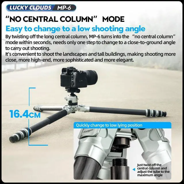 Alt view image 2 of 4 - Fotopro 63" Travel Camera Tripod, Anti-Sand 44mm Ball Head, Lightweight Professional Carbon Fiber DSLR Tripod Stand, Arca-Swiss Quick Release Plate with Safety Lock, 22lbs Load, MP-6