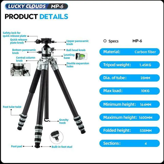 Alt view image 4 of 4 - Fotopro 63" Travel Camera Tripod, Anti-Sand 44mm Ball Head, Lightweight Professional Carbon Fiber DSLR Tripod Stand, Arca-Swiss Quick Release Plate with Safety Lock, 22lbs Load, MP-6