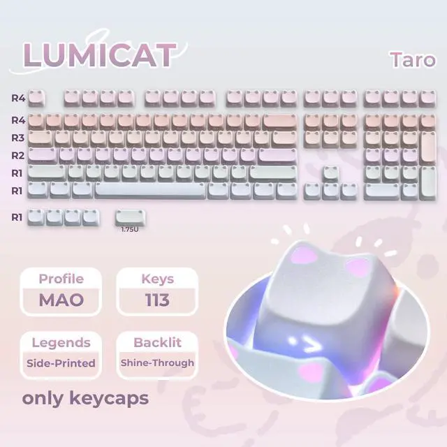 Alt view image 3 of 5 - OHY XVX Lumicat Mao Profile PBT Keycaps, 113 Keys Double-Shot Dye-Sublimation Side Printed Taro Keycap Set, Ergonomic Mao Profile Custom Keycaps Compatible with MX Switches Mechanical Keyboard