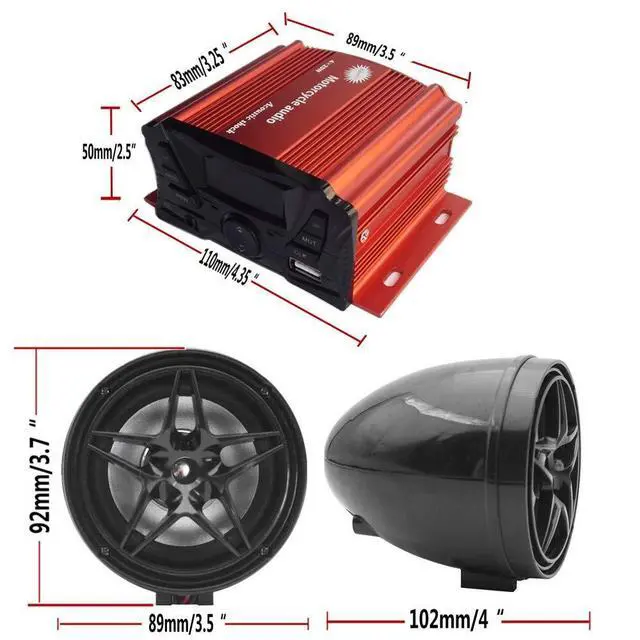 Alt view image 4 of 5 - XYC 12V Motorcycle Waterproof FM USB 4 Channel 3 Inch UTV ATV Bluetooth Amplifier Sound System Audio Stereo Hand-Free Speakers Audio (2 Speakers Black)