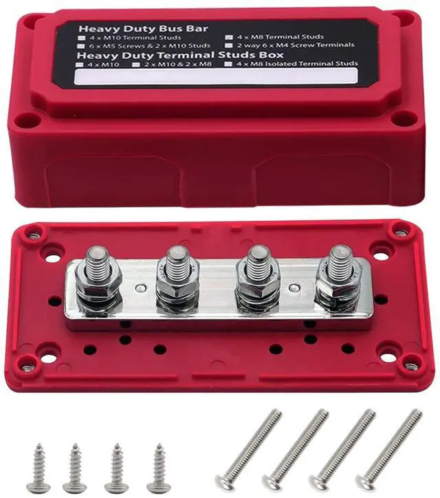 Main image of 4 x M8 (5/16") Studs Power Distribution Block Bus Bar 12V, Ampper Waterproof HD 200A Marine BusBar Battery Distribution Block W/Cover for Auto Boat Solar (Red)