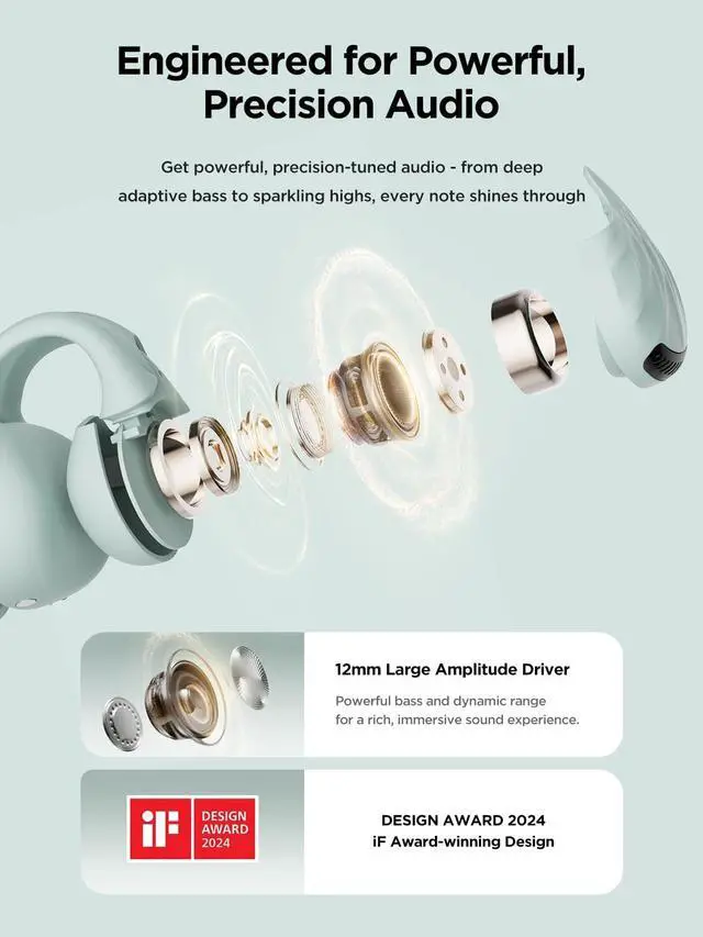 Alt view image 2 of 5 - HAKII Open Ear Wireless Earbuds, Bluetooth 5.4 Ergonomic Clip on Bluetooth Earbuds with Stereo Sound/ENC, Touch Control Open Ear Headphones, IPX5 Waterproof Running Headphones for Sports, Fitne