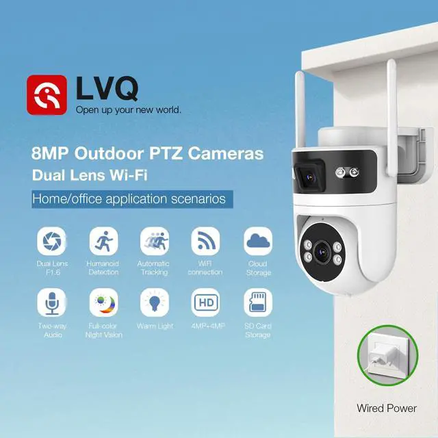Alt view image 2 of 5 - LVQ 8MP Dual Lens WiFi Security Camera Outdoor, AOV 24/7 Recording Surveillance Cam, PTZ Outdoor Plug-in Camera for Home Security with Auto Tracking, APP Alarm, Night Vision, 5G/2.4G WiFi, IP65
