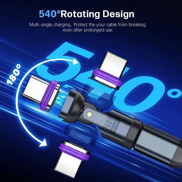 Alt view image 2 of 5 - EndlesShine Magnetic USB C to C Adapter, 16-Pin 540Anti-Arc Rotating Swivel, PD 240W Fast Charging 480Mbps Data Transfer, Secure Connection for Laptops Tablets, 3X Stronger Neodymium Magnet
