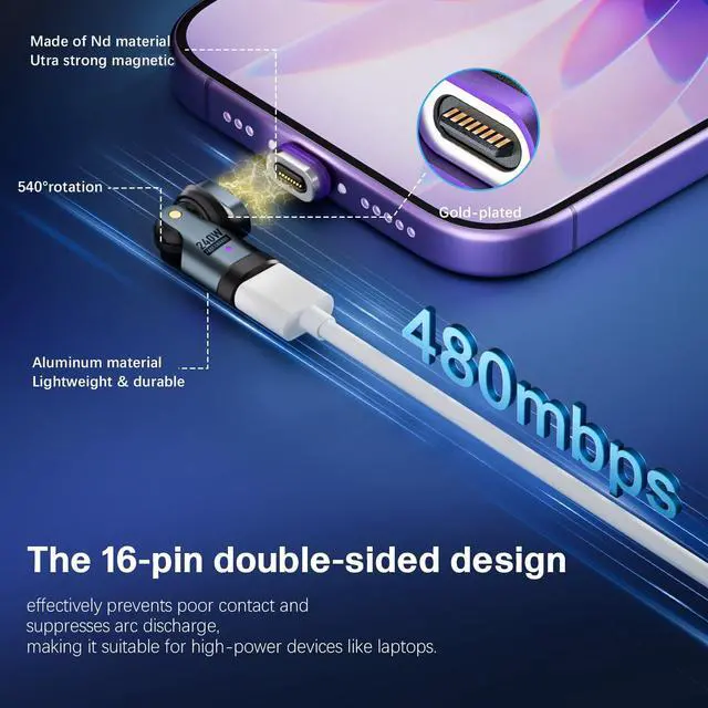 Alt view image 3 of 5 - EndlesShine Magnetic USB C to C Adapter, 16-Pin 540Anti-Arc Rotating Swivel, PD 240W Fast Charging 480Mbps Data Transfer, Secure Connection for Laptops Tablets, 3X Stronger Neodymium Magnet
