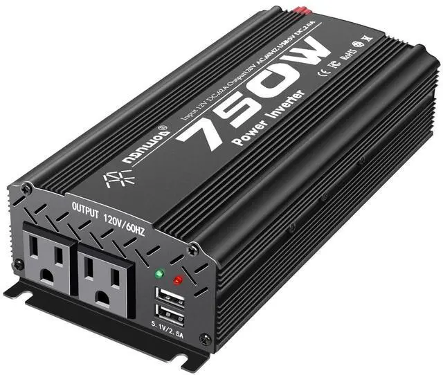 Main image of Tebrol 750W Black Car Power Inverter, 12V to 110V/120V, 2 AC Outlets, 2 USB Ports, Battery Clamps, Ideal for Vehicles, Trucks, Camping