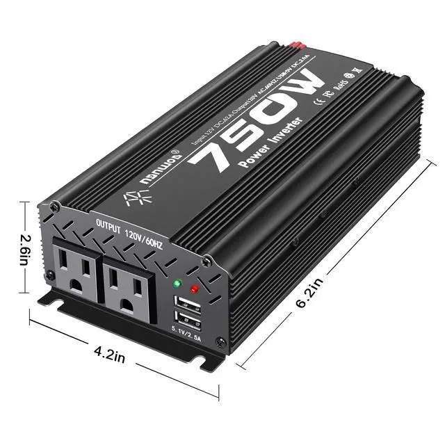 Alt view image 3 of 5 - Tebrol 750W Black Car Power Inverter, 12V to 110V/120V, 2 AC Outlets, 2 USB Ports, Battery Clamps, Ideal for Vehicles, Trucks, Camping