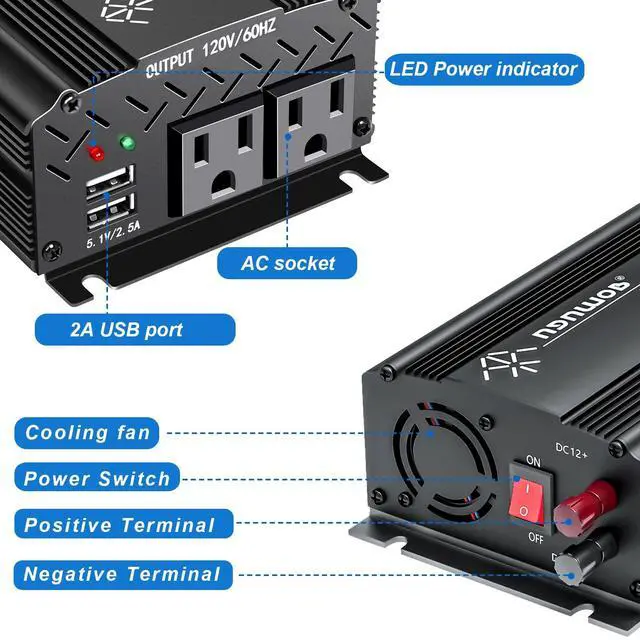 Alt view image 2 of 5 - Tebrol 750W Black Car Power Inverter, 12V to 110V/120V, 2 AC Outlets, 2 USB Ports, Battery Clamps, Ideal for Vehicles, Trucks, Camping