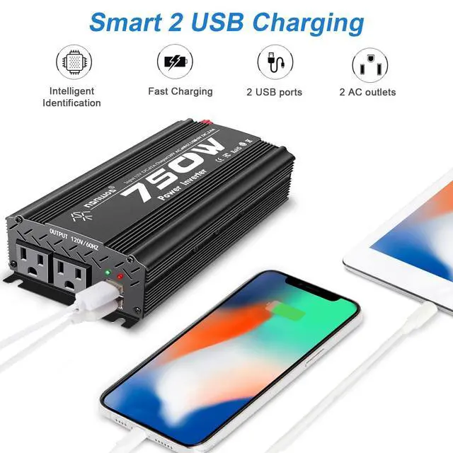 Alt view image 5 of 5 - Tebrol 750W Black Car Power Inverter, 12V to 110V/120V, 2 AC Outlets, 2 USB Ports, Battery Clamps, Ideal for Vehicles, Trucks, Camping