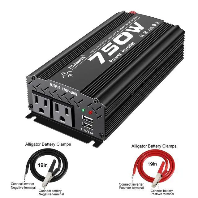 Alt view image 4 of 5 - Tebrol 750W Black Car Power Inverter, 12V to 110V/120V, 2 AC Outlets, 2 USB Ports, Battery Clamps, Ideal for Vehicles, Trucks, Camping