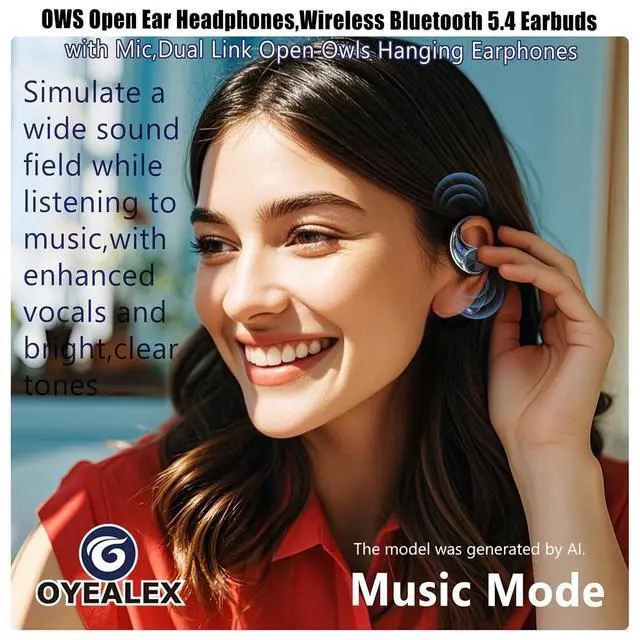 Alt view image 4 of 5 - OYEALEX Open-Ear Earbuds Bluetooth 5.4 with Ear Hooks for Man & Women Black