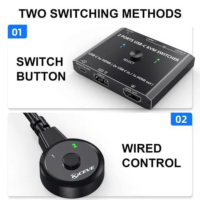 Alt view image 5 of 5 - Type USB C KVM Switch 4K@60Hz, 2-Port Type C to HDMI, for 2 Computer Share 1 Monitor