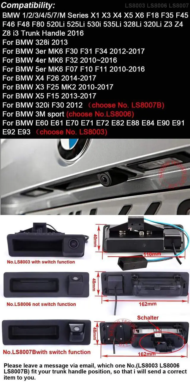 Alt view image 2 of 4 - 170 Degree Car Trunk Handle Rear View Backup Camera HD Night Vision Parking Camera Replacement for BMW 1/2/3/4/5/7/M Series X1 X3 X4 X5 X6 F18 F35 F45 F46 F48 F80 (No.LS8007B)