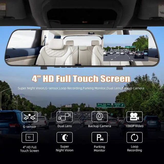 Alt view image 2 of 5 - Mirror Dash Cam 4 Inch Rear View Mirror 1080P Front and Rear View Dual Cameras,Motion Detection,Super Night Vision,Parking Assistance,Loop Recording,24H Parking Monitor, Waterproof Backup Camera