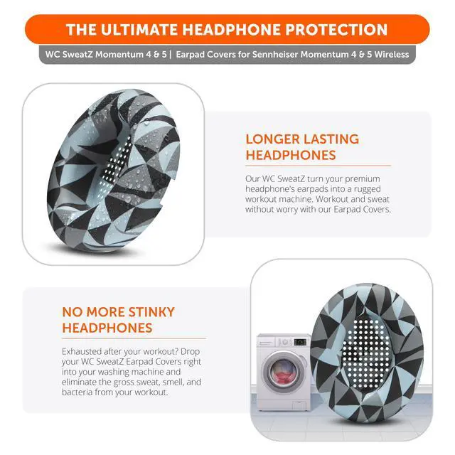 Alt view image 5 of 5 - WC SweatZ Momentum 4 & 5 - Patented Earpad Covers for Sennheiser Momentum 4 & 5 Wireless Over Ear Headphones by Wicked Cushions ^^ Sweatproof & Easily Washable ^^ Geo Grey