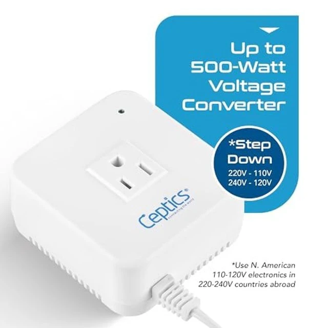 Alt view image 2 of 5 - Ceptics 500 Watt Voltage Converter Step Down 220v to 110v Converter - Converts 220V/240V to 110V/120V Use with Hair Straighteners, Laptops, and Chargers CE Certified