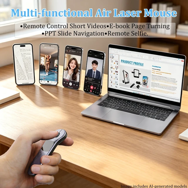Alt view image 2 of 5 - 2 in 1 Air Mouse Wireless Bluetooth Presentation Clicker with Touchpad,Rechargeable Handheld Remote Mice Page Turner for PPT/TikTok/Camera/Kindle App,for Phone Tablet PC Laptop Computer-Silver