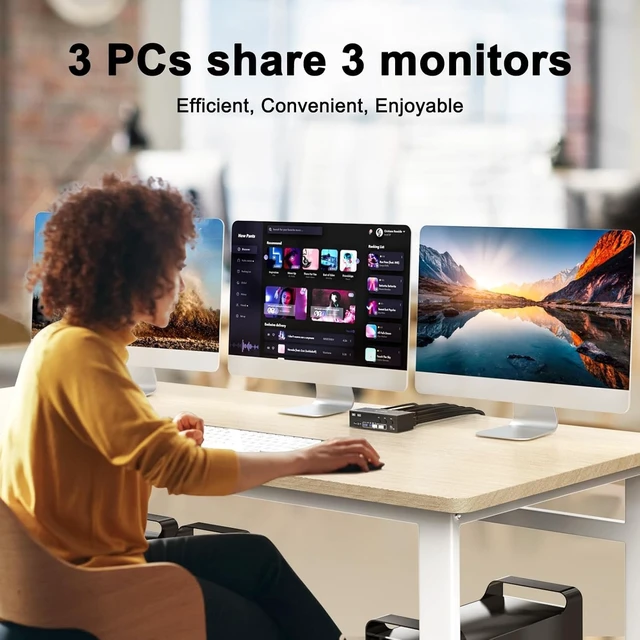 Alt view image 2 of 5 - KVM Switch 3 Monitors 3 Computers 4K@144Hz, Camgeet HDMI+2 Displayport Triple Monitor KVM Switch 3 Computer Share 3 Monitors and 4 USB3.0 Devices,Wired Remote and 12V Power Adapter Included