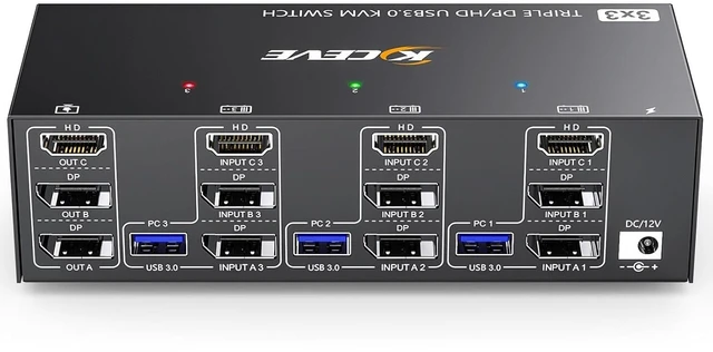 Main image of KVM Switch 3 Monitors 3 Computers 4K@144Hz, Camgeet HDMI+2 Displayport Triple Monitor KVM Switch 3 Computer Share 3 Monitors and 4 USB3.0 Devices,Wired Remote and 12V Power Adapter Included