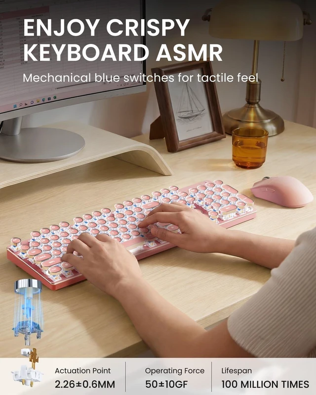 Alt view image 2 of 5 - Wireless Keyboard and Mouse Combo, White Backlit Typewriter - Pink
