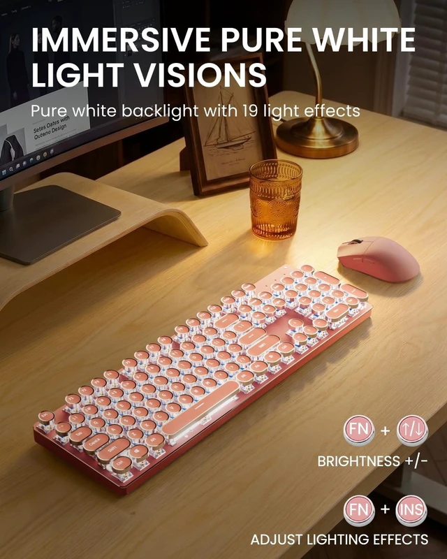 Alt view image 3 of 5 - Wireless Keyboard and Mouse Combo, White Backlit Typewriter - Pink
