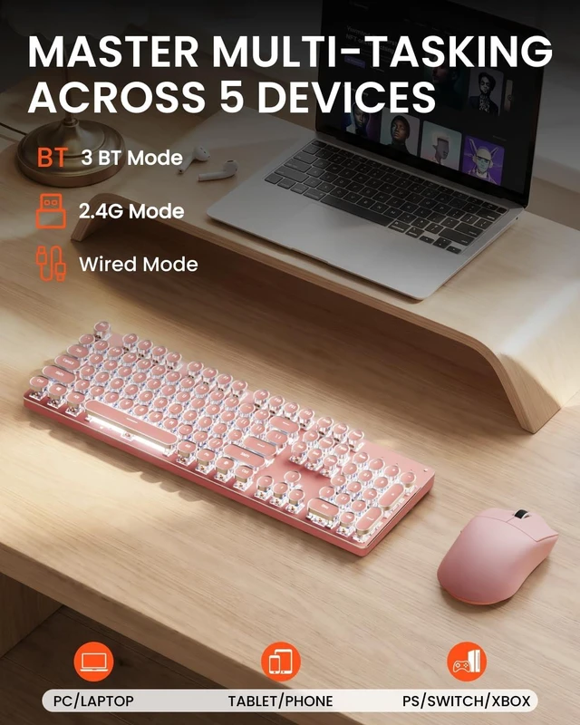 Alt view image 4 of 5 - Wireless Keyboard and Mouse Combo, White Backlit Typewriter - Pink