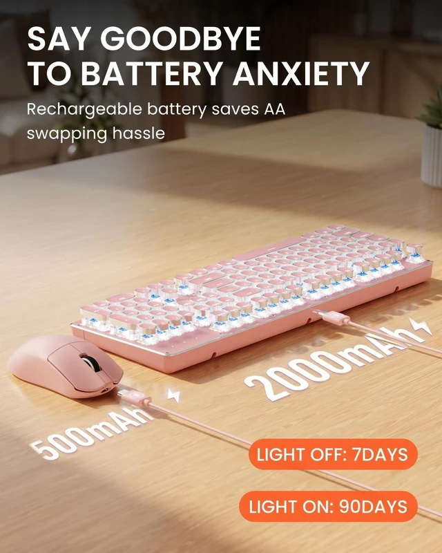 Alt view image 5 of 5 - Wireless Keyboard and Mouse Combo, White Backlit Typewriter - Pink