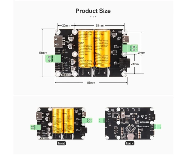Alt view image 5 of 5 - Super Capacitor Linear Power Supply & 5V3A Module, 5-24V Wide Input (Type-C/DC/Screw), 5V/3A Backup & 5V/5A Peak, Safe Shutdown Buffer for SBC/DIY, Status LEDs